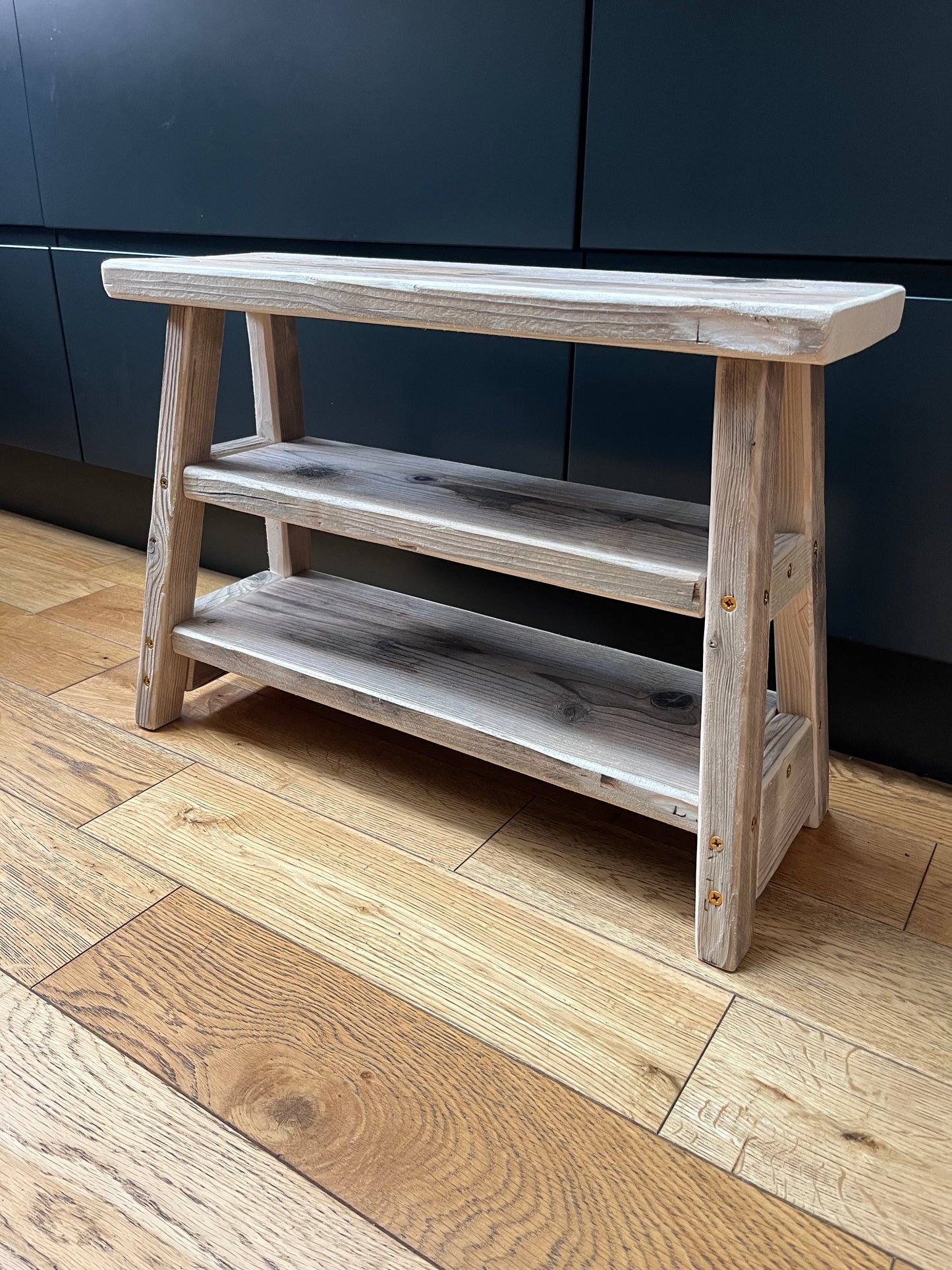 Rustic shoe bench with 2 shelves