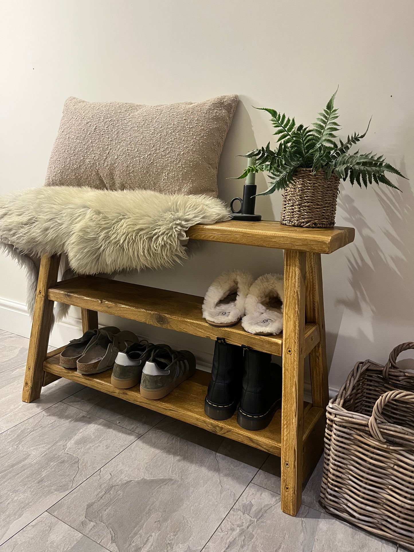 Rustic shoe bench with 2 shelves