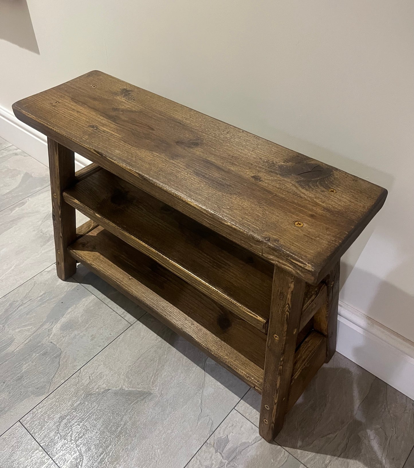 Rustic shoe bench with 2 shelves